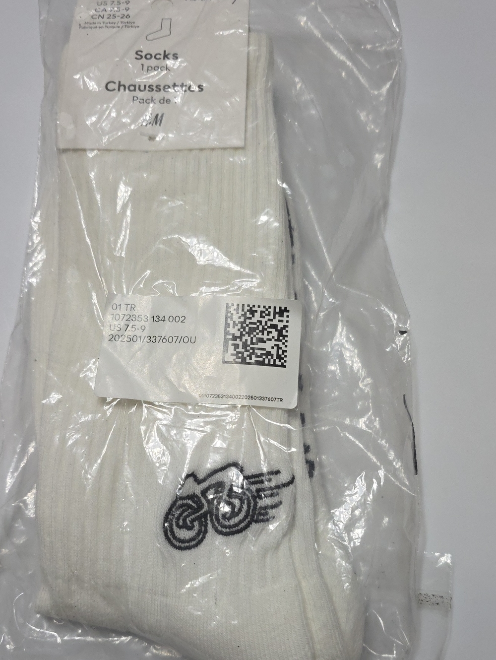 H&M White Crew Socks with Black Embroidered Bike Detail